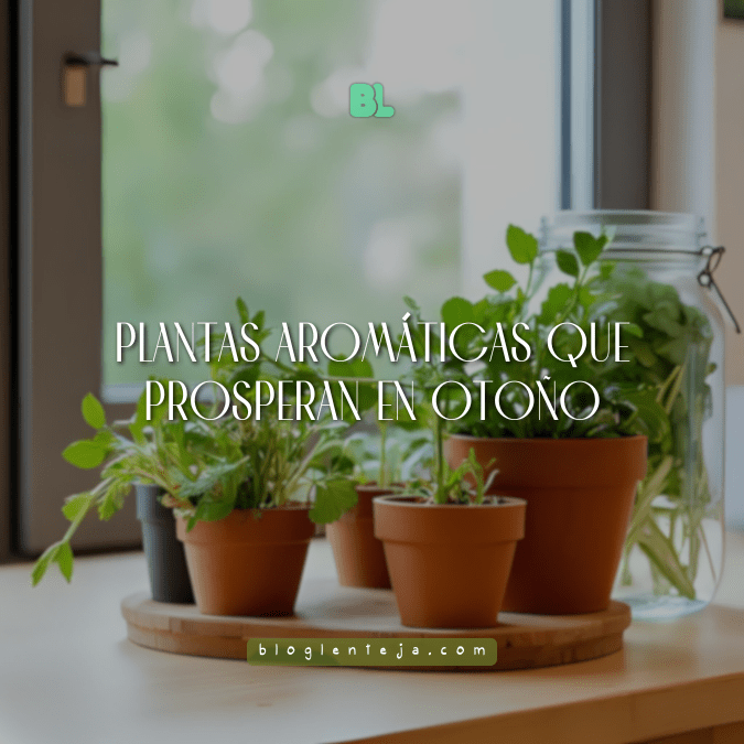 Plantas aromáticas en macetas de barro junto a una ventana con luz de otoño, cultivo urbano sostenible.