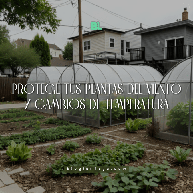 Huerto urbano protegido del viento y el frío otoñal con acolchado y malla, ejemplo de jardinería sostenible.