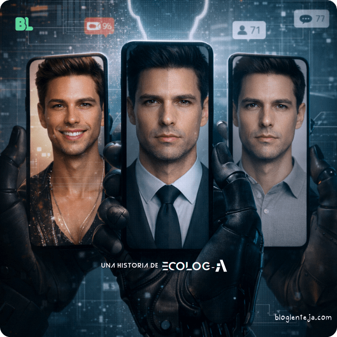 Ilustración conceptual de una persona moldeada por un algoritmo, representando la pérdida de identidad en una sociedad distópica controlada por tendencias.