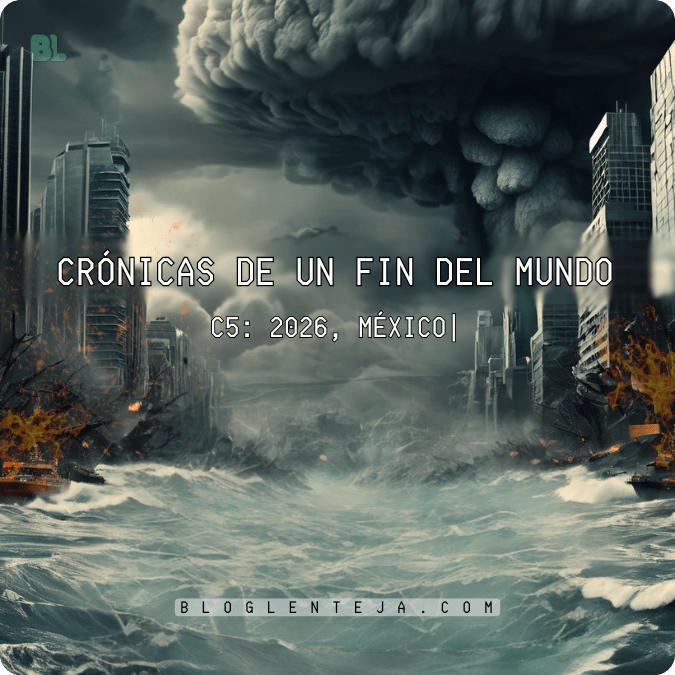 Ilustración de una ciudad en México hundiéndose por colapso del suelo en un escenario distópico.