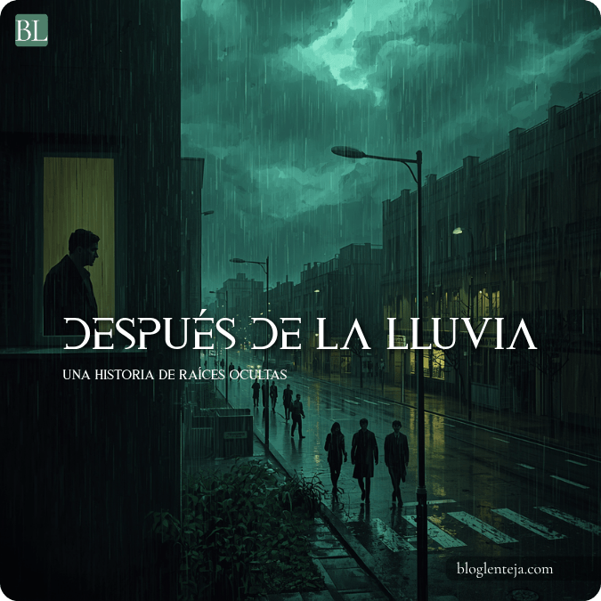 escena futurista oscura con una ciudad silenciosa y un personaje observando bajo la lluvia