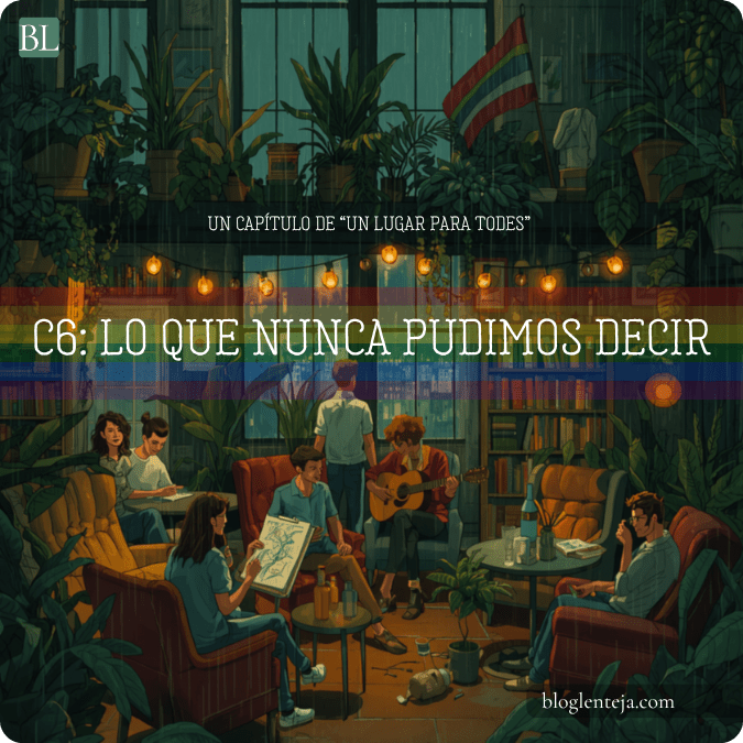 Cafetería nocturna iluminada con luces cálidas mientras varias personas queer conversan y leen durante la madrugada en un refugio emocional.
