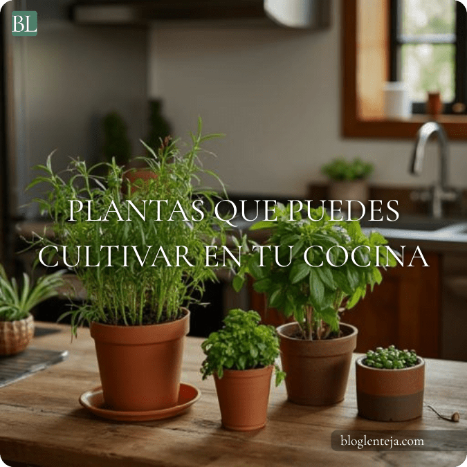 Plantas aromáticas y comestibles creciendo en macetas dentro de una cocina iluminada