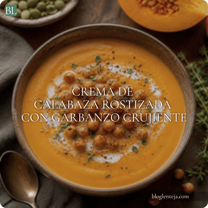 Crema de calabaza rostizada con garbanzos crujientes y pepitas tostadas.