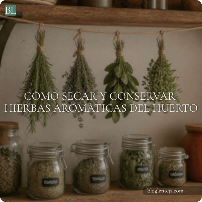 Romero, tomillo, menta y orégano colgados para secarse junto a frascos de hierbas.