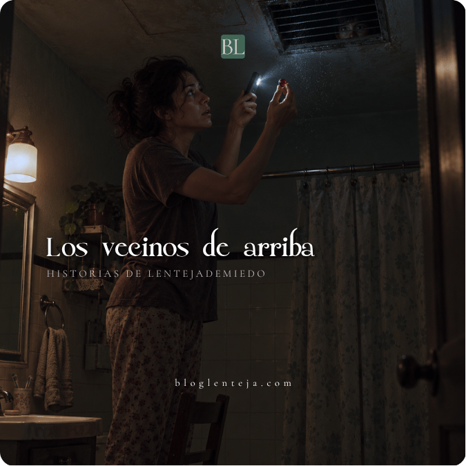 Una mujer ilumina una rejilla de ventilación mientras el rostro de un niño la observa desde el techo.