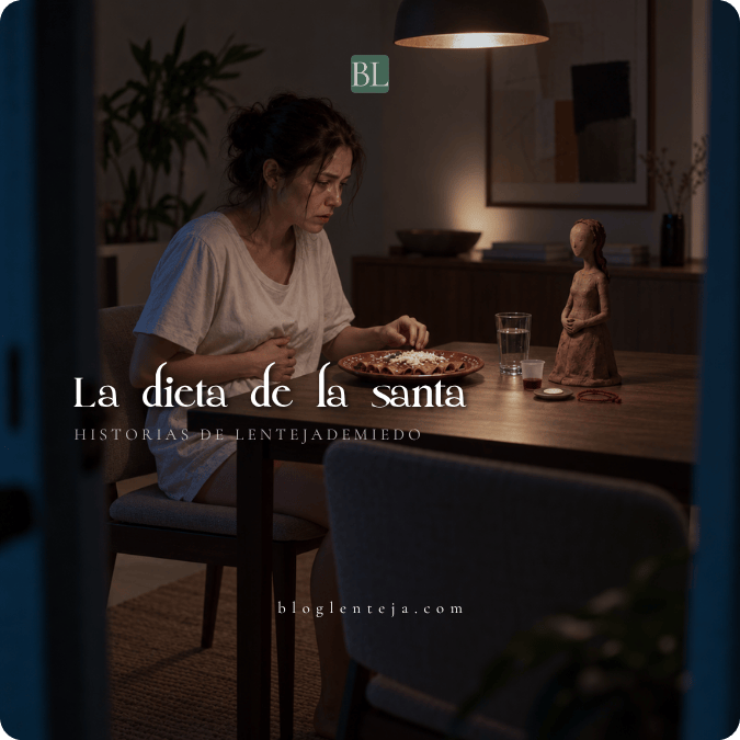 Mujer joven frente a un plato de comida y una figura de barro sin rostro.